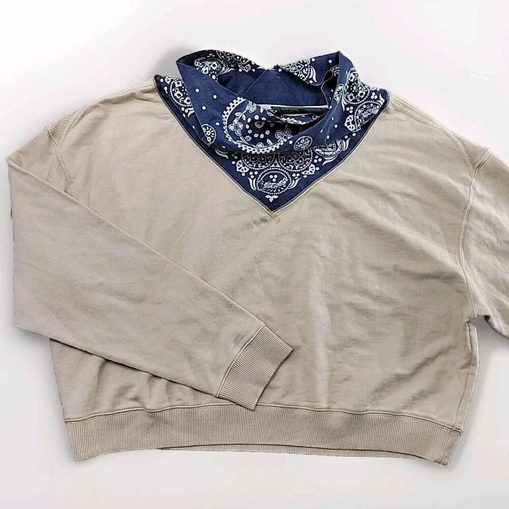 NEW - Free People James Pullover  Tan Banada Sweatshirt Women L Ecru Combo
